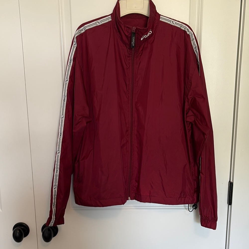 Vintage Men's Asics Burgundy Windbreaker with Stripe Accents‎